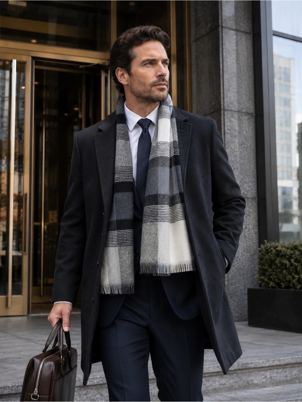 Gray 100% wool plaid check fall winter scarf